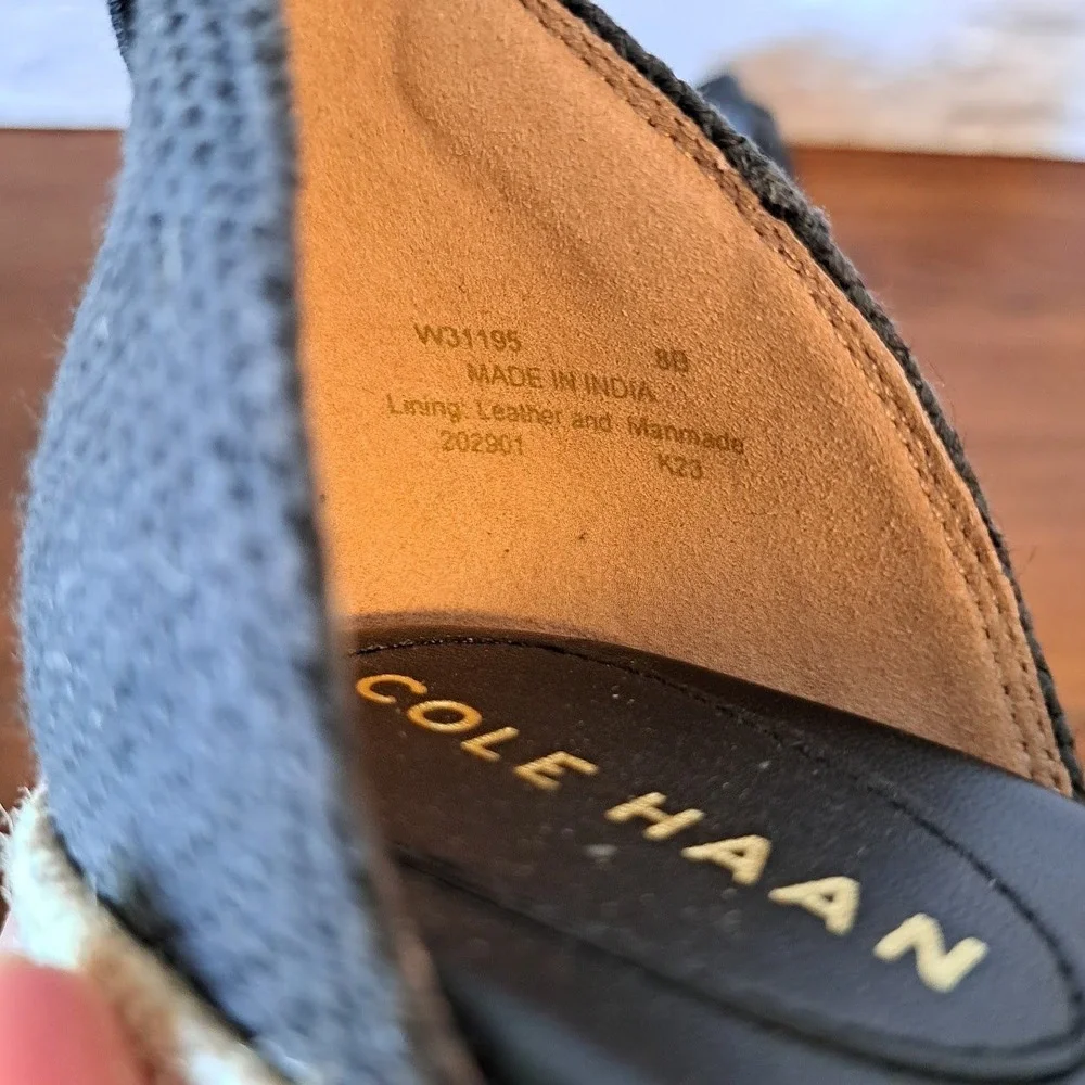 Cole Haan Grand 360 Black Leather Ankle Tie Espadrille Wedge Sandals